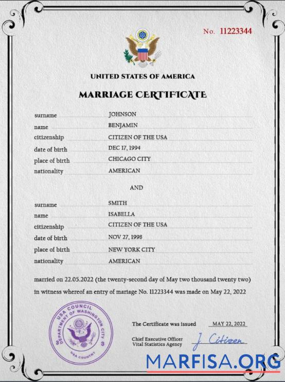 Realistic USA marriage certificate PSD template,